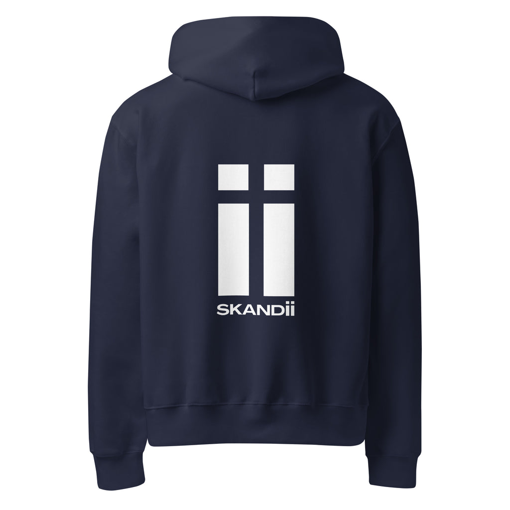 Skandii Frost hoodie in navy with White Logo Frost Logo back