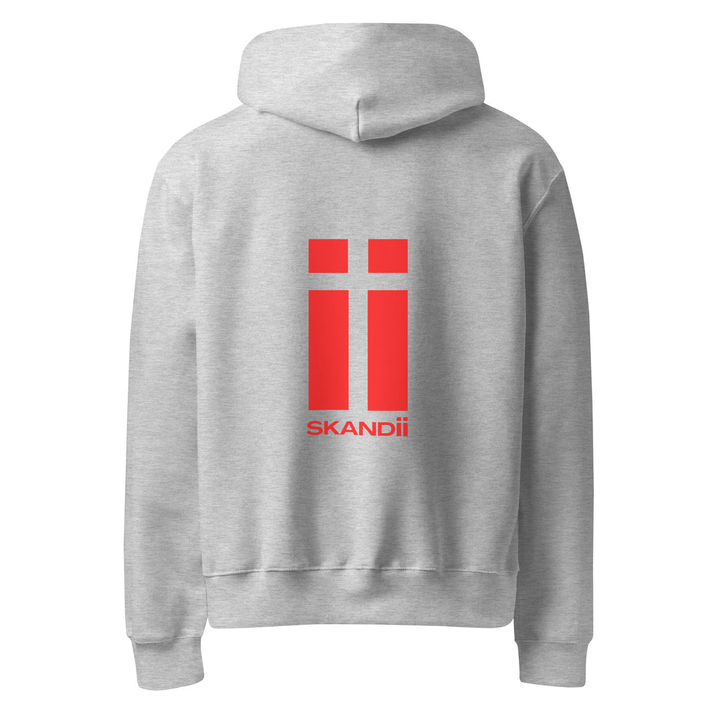 Skandii Ild hoodie in athletic heather with Red Logo Ild Logo back