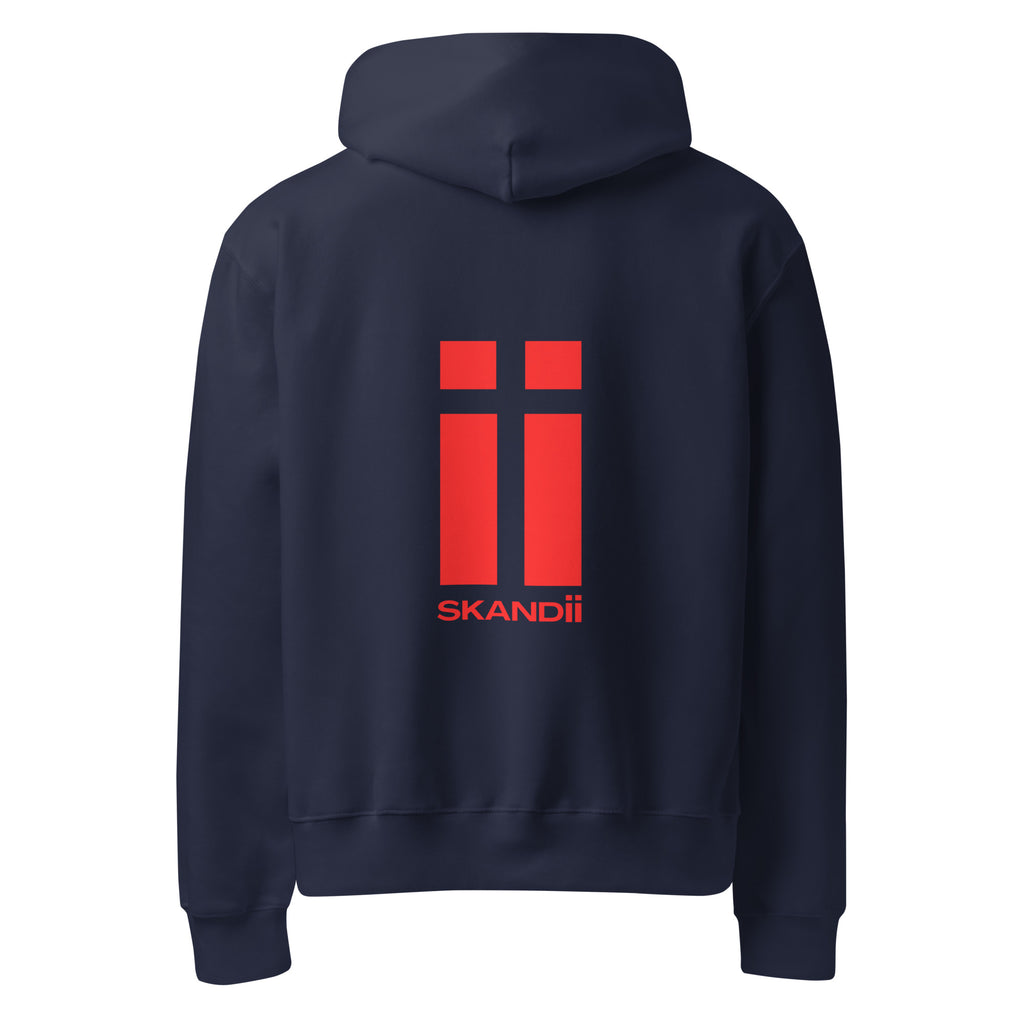 Skandii Ild hoodie in navy with Red Logo Ild Logo back